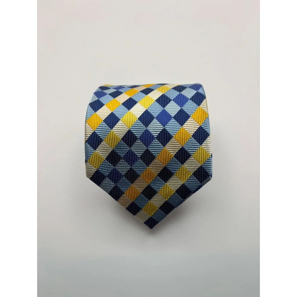 Charles Tyrwhitt Mens Silk Tie Blue Yellow Geometric Diamond Made in England
